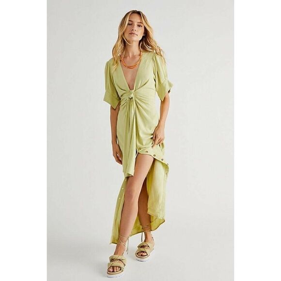 NEW FREE PEOPLE ENDLESS SUMMER Sz XS VINTAGE SUMMER RUCHED BUTTON MIDI DRESS - Picture 1 of 3
